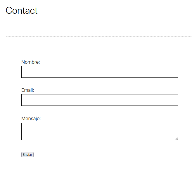 Ejemplo visual de formulario de Contacta básico para WordPress usando formspree